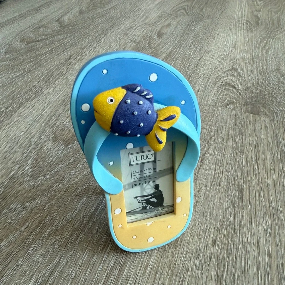 Furio Flip Flop Mini Picture Frame Blue Yellow Polka Dot 3D Fish Beach Decor 5in